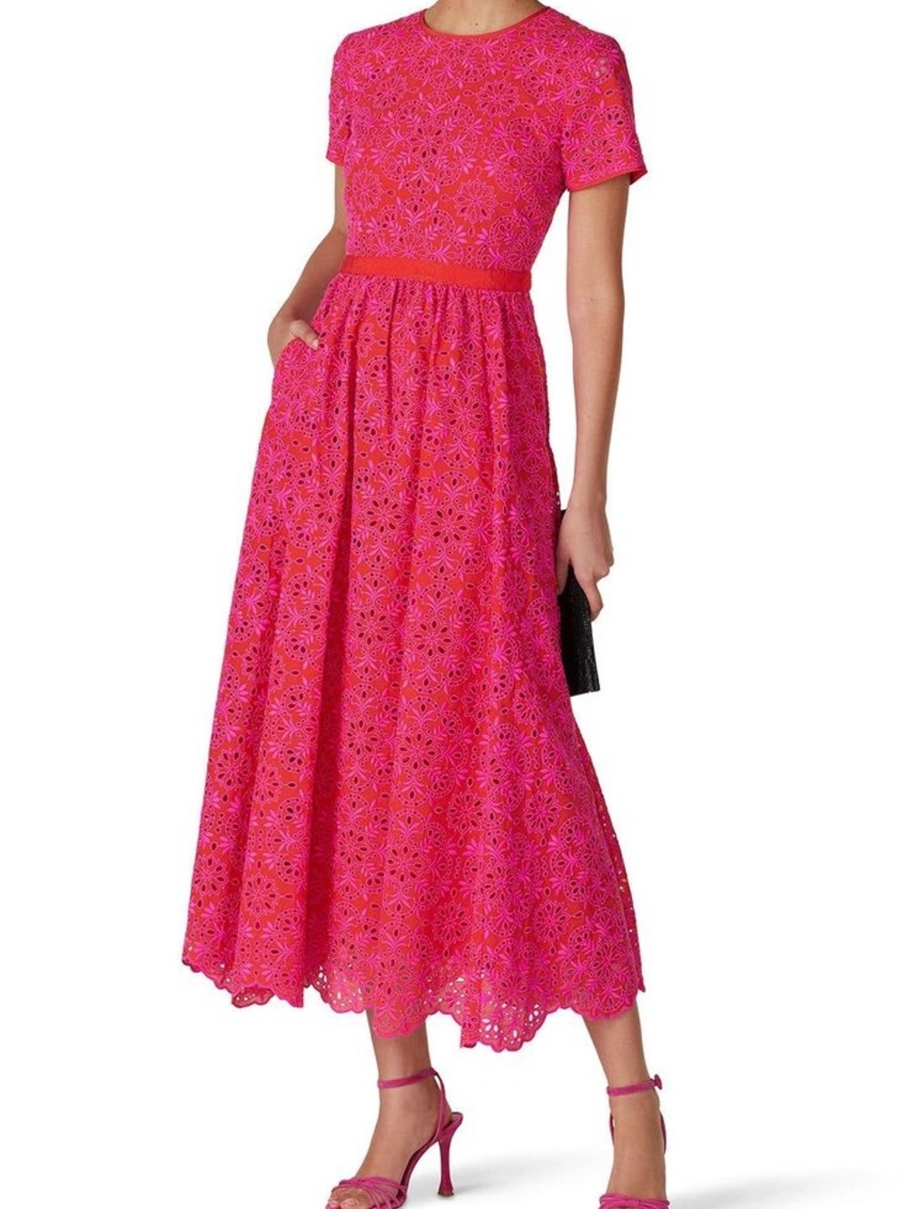 J. Crew Hot Pink Eyelet Midi Dress with Orange Waist Trim